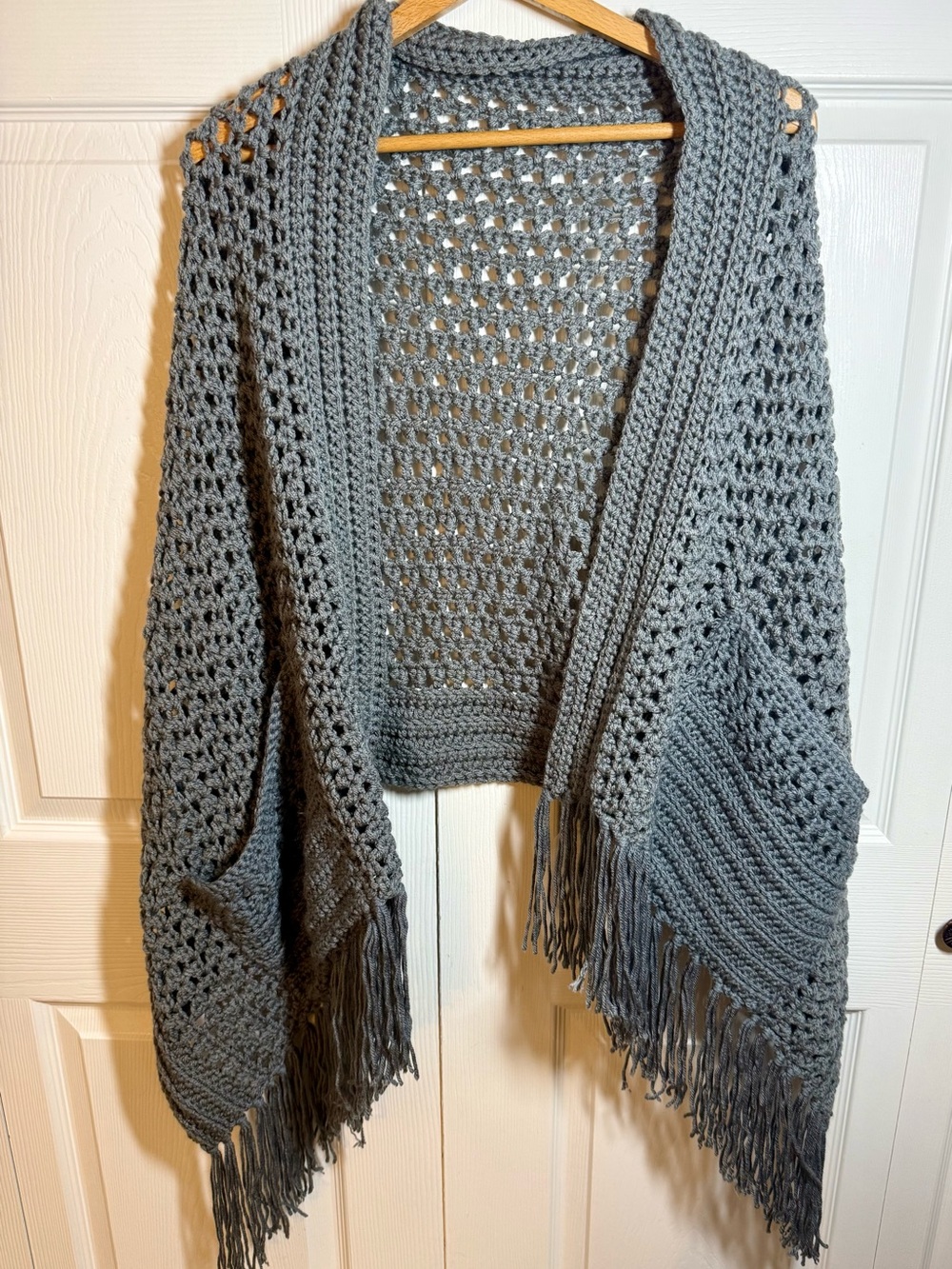 Cozy Gray Crochet Fringe pocket shawl
